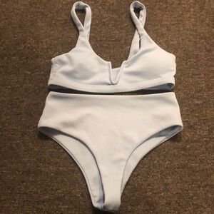 ZAFUL Brand High Cut V-wired Ribbed Bikini Set Light Blue Women's Small
